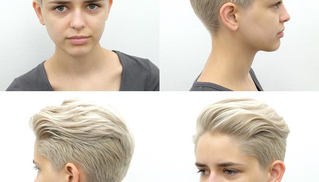 Platinum Blonde Pixie with Long Top Fringe Styled in a Quiff