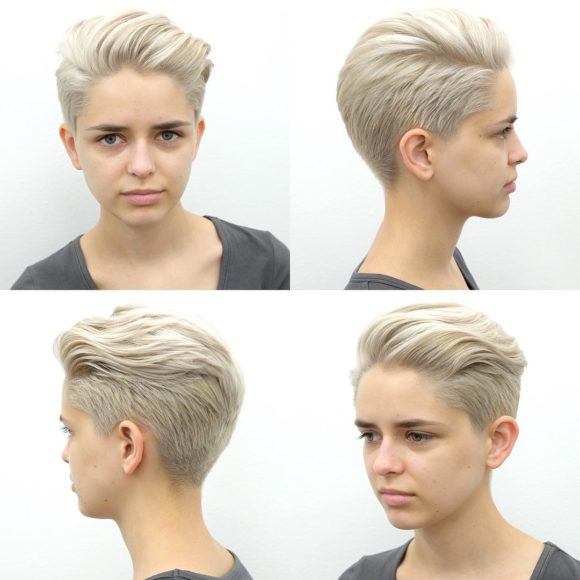 Platinum Blonde Pixie with Long Top Fringe Styled in a Quiff