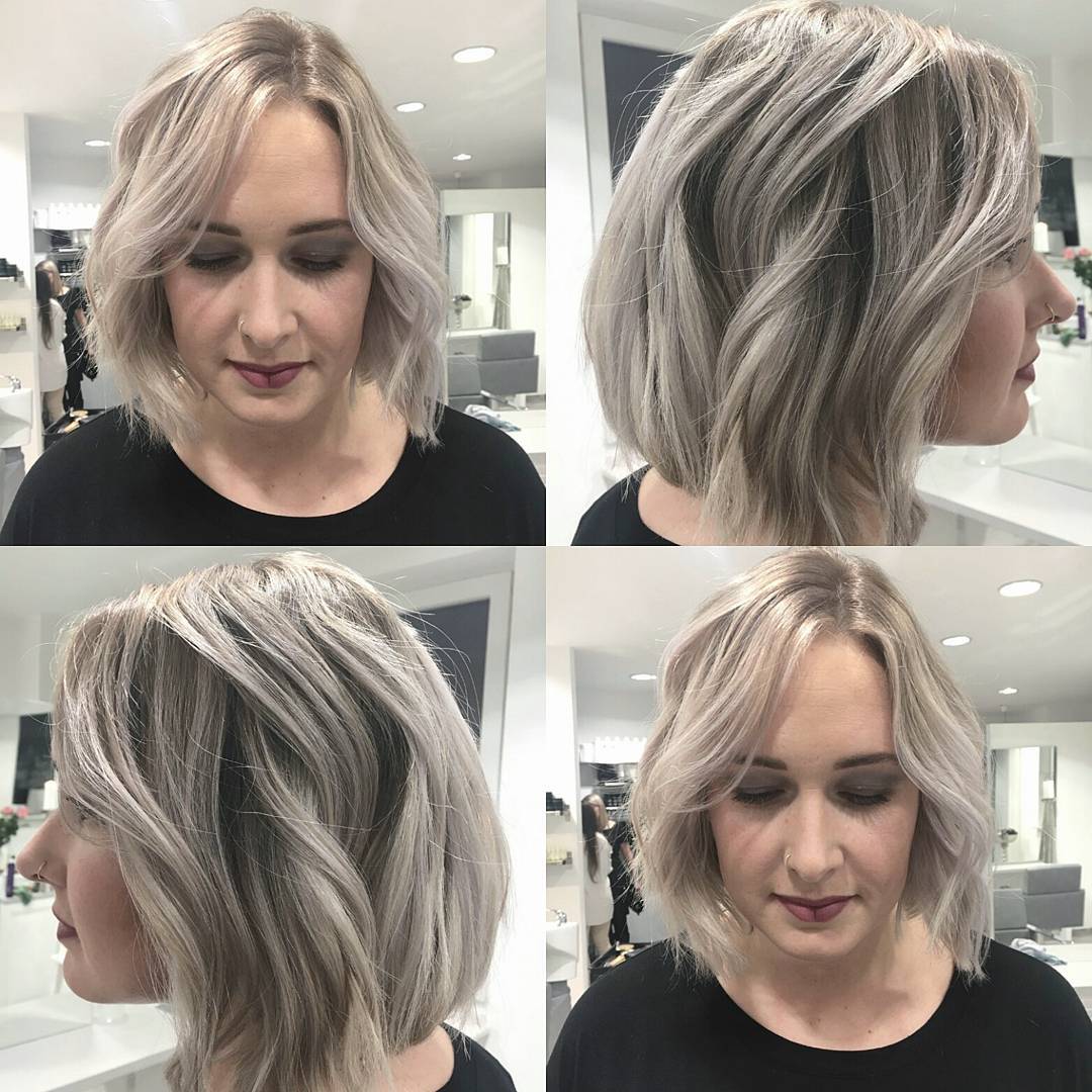 Image of Ash blonde blunt bob with curls