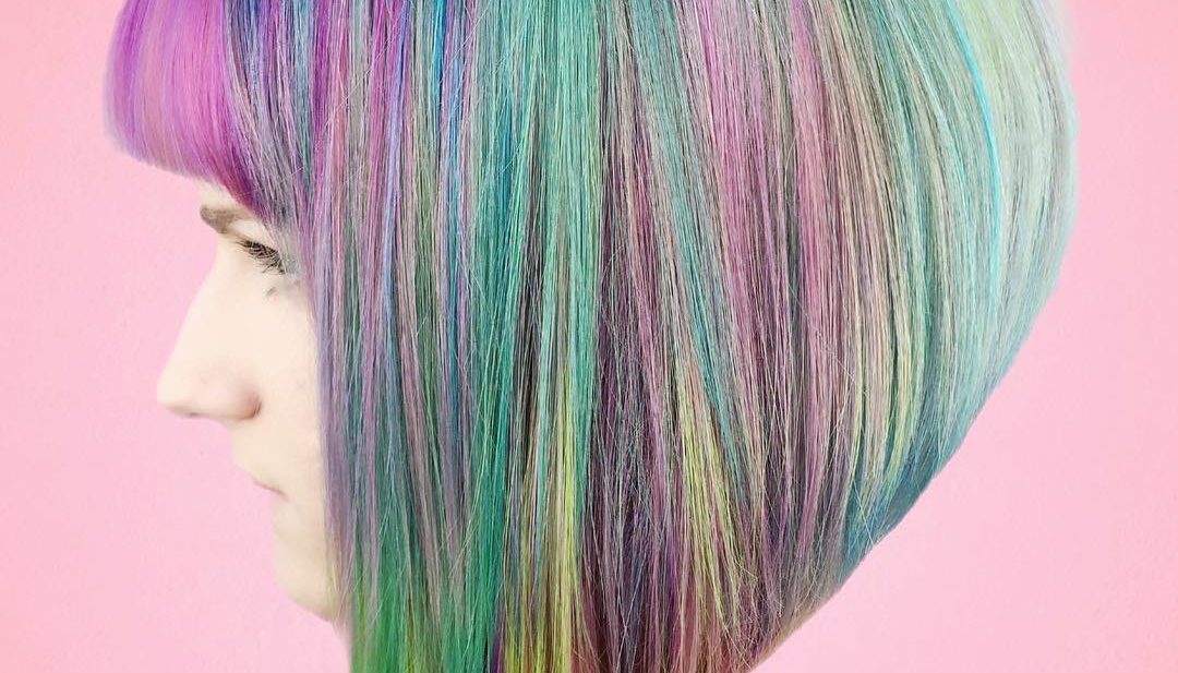 Short Blunt Sharp Angled Bob with Full Bangs and Rainbow Color