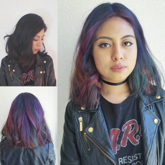 Rainbow Highlights On Wavy Long Blunt Bob