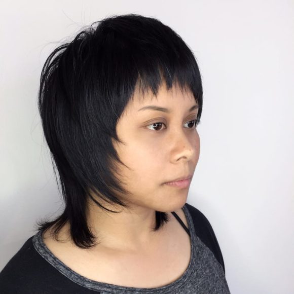 Short Shag Cut with Fringe Bangs on Dark Hair