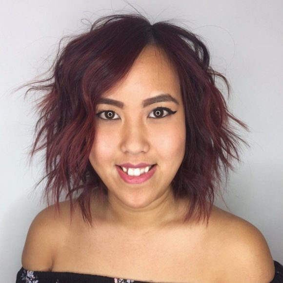 Messy Burgundy Bob with Shaggy Waves and Highlights