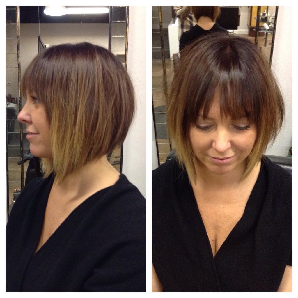 Short Angled Bob with Fringe Bangs and Brunette Ombre