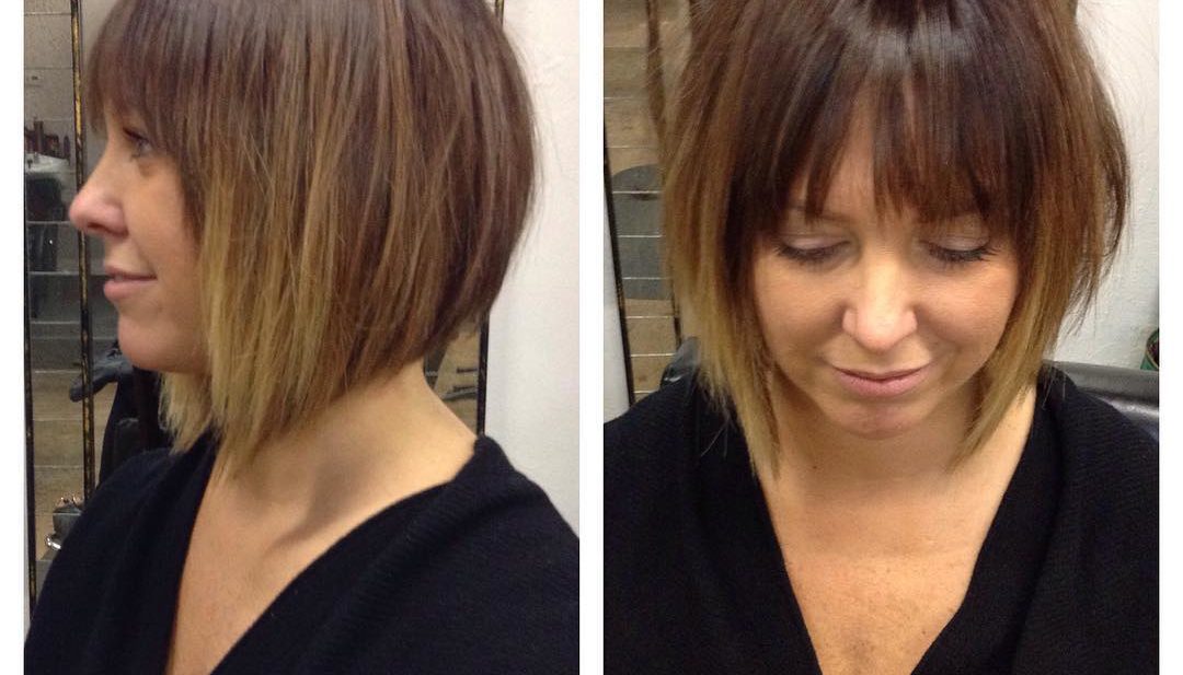 Short Angled Bob with Fringe Bangs and Brunette Ombre