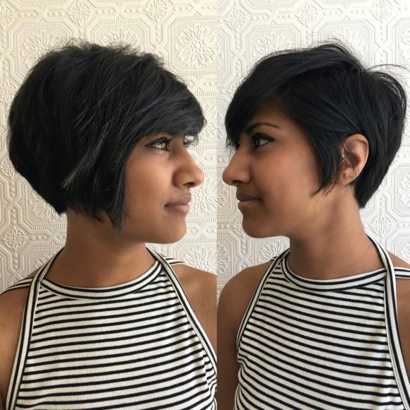 Chic Disheveled Crop with Side Swept Bangs on Dark Hair