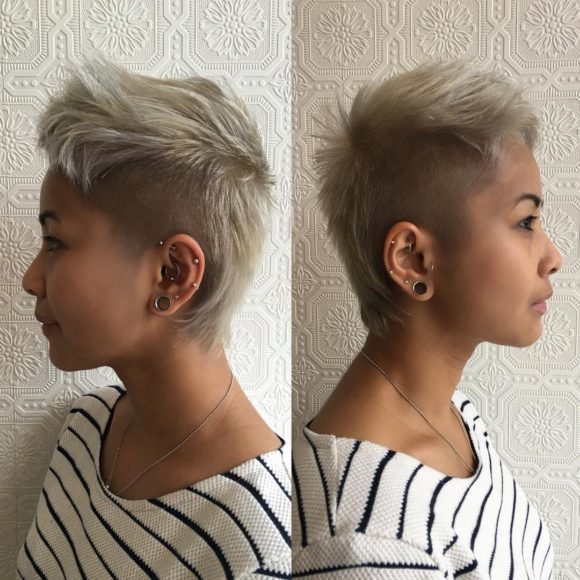 Short Platinum Blonde Mullet with Shaved Sides and Textured Top Lengths