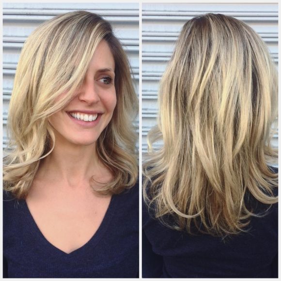 Blonde Layered Blowout Lob with Balayage