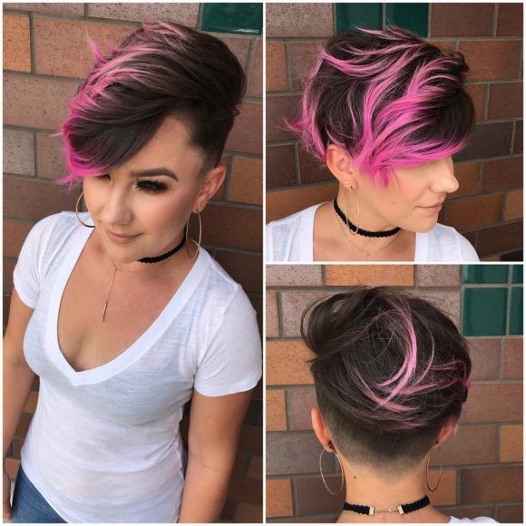 Brunette Combover Pixie with Bright Pink Highlights and Tousled Top Lengths