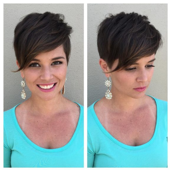 Brunette Asymmetrical Pixie with Side Swept Volume