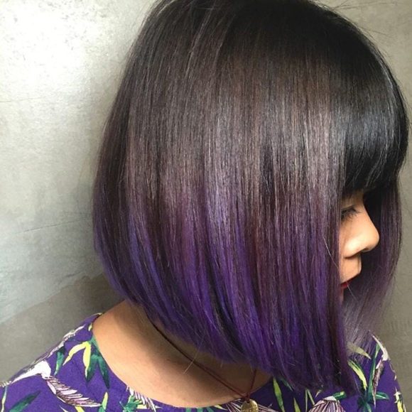 Sleek Blunt Bob with Full Bangs and Purple Ombre