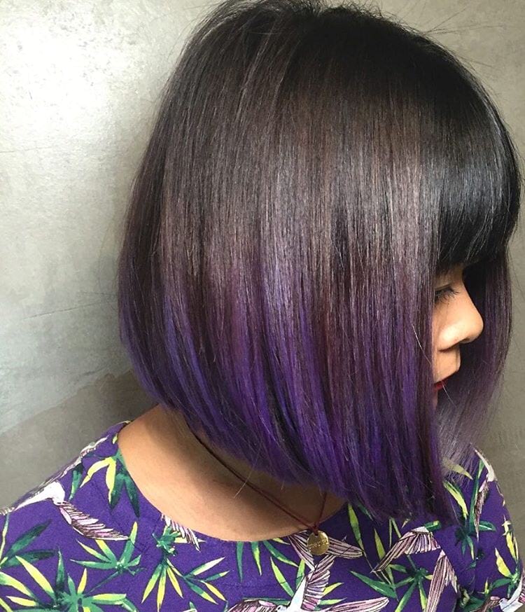 Sleek Blunt Bob with Full Bangs and Purple Ombre The