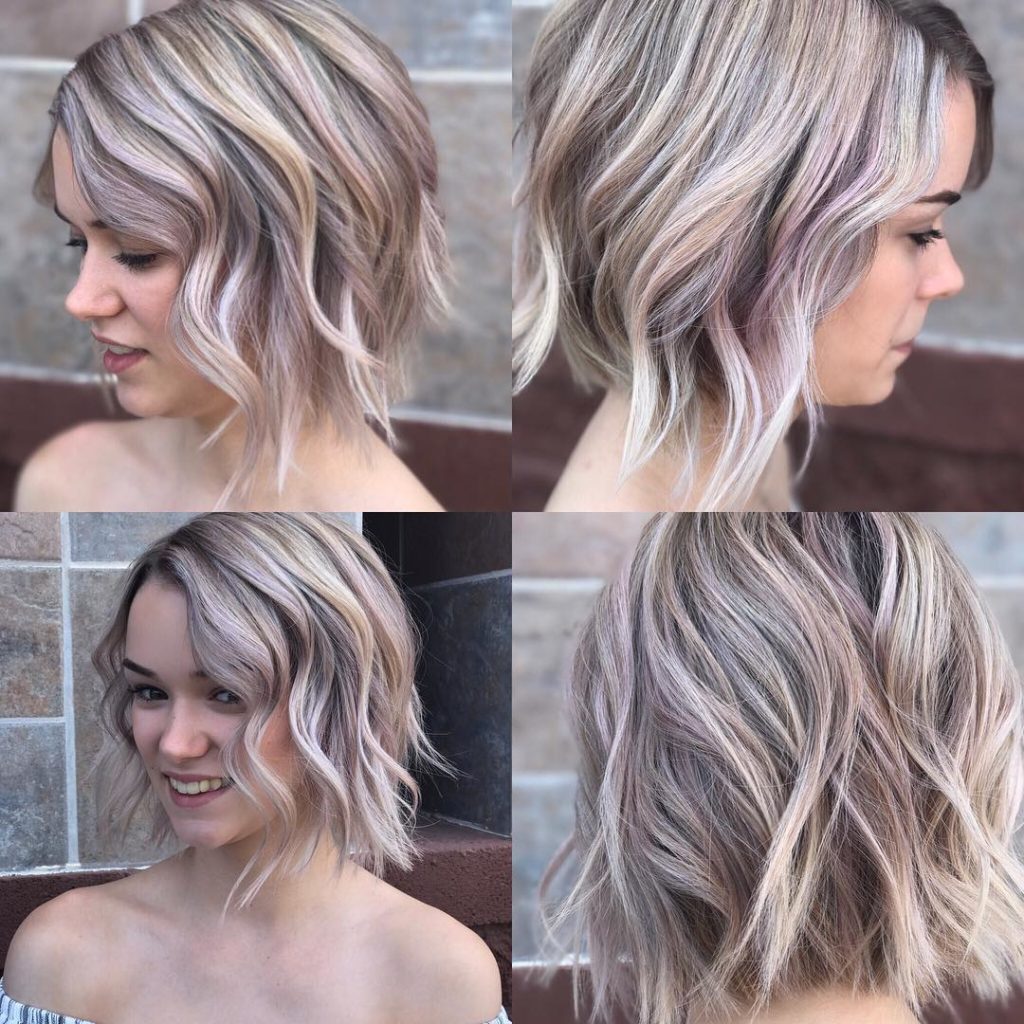 Textured Wavy Bob On Ashy Blonde Hair with Rose Gold Highlights