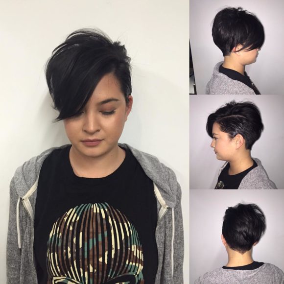 Edgy Pixie with Long Voluminous Top Fringe on Black Hair