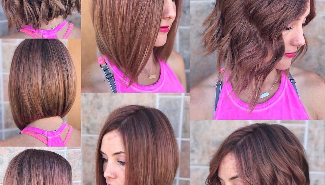 Versatile Warm Brunette Colored Angled Bob with Highlights