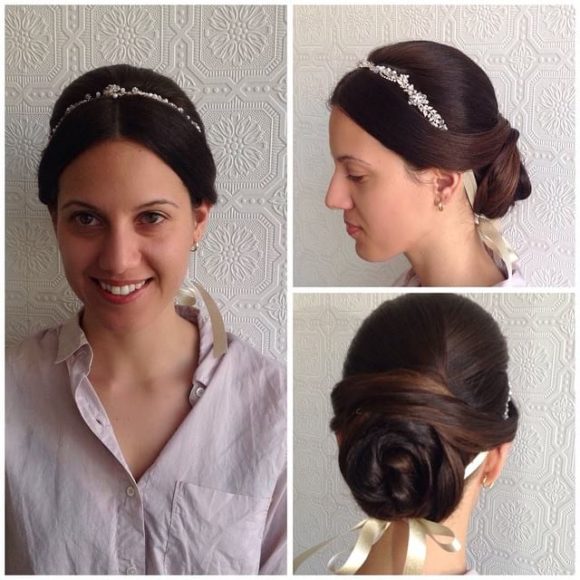 Twisted Bun with Floral Pearl Head Band on Brunette Hair with Balayage