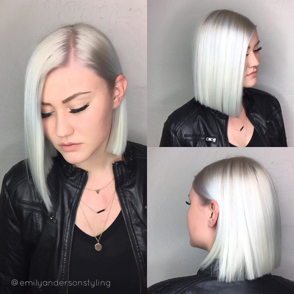 White Shoulder Length Asymmetrical Blunt Bob