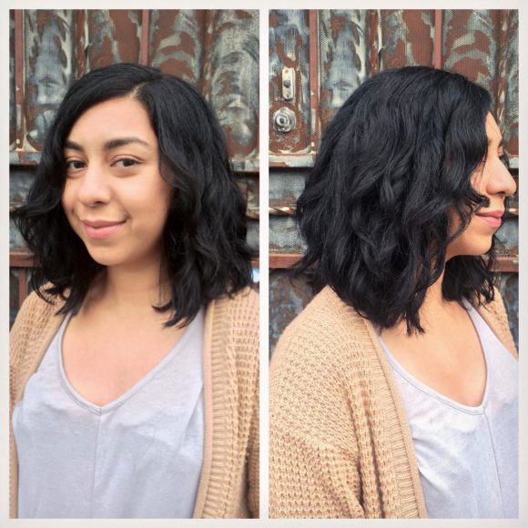 Shoulder Length Wavy Layered Bob on Black Hair