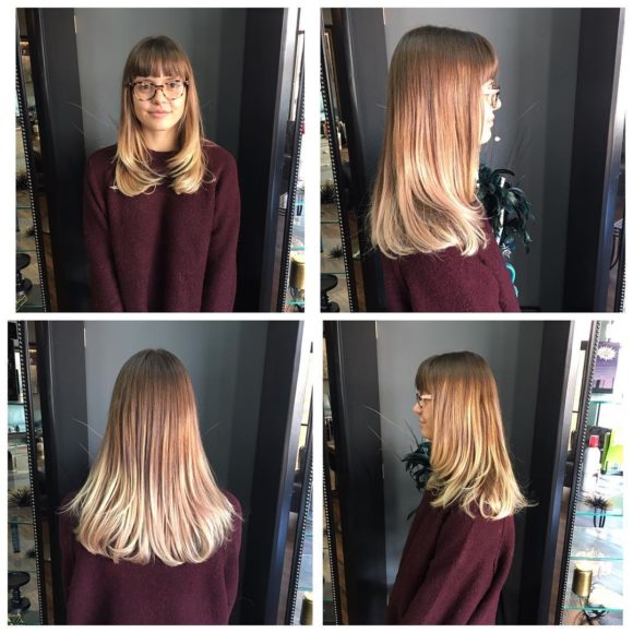 Longhair with Razor Cut Layers and Blunt Bangs on Light Brown Ombre