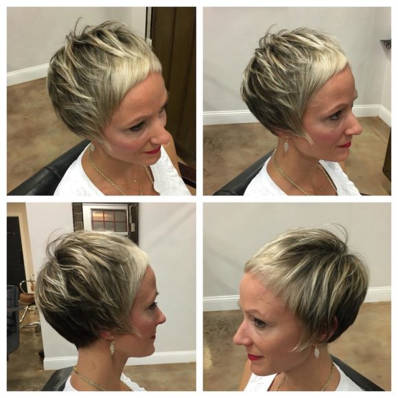 Disheveled Bowl-Cut Pixie with Fringe and Micro Bangs on Blonde Hair with Dark Roots