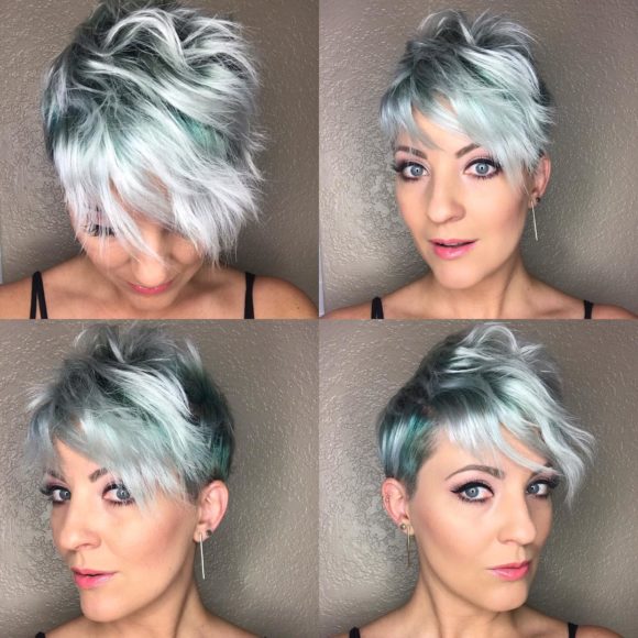 Disheveled Pixie with Emerald Green and Silver Fade Color