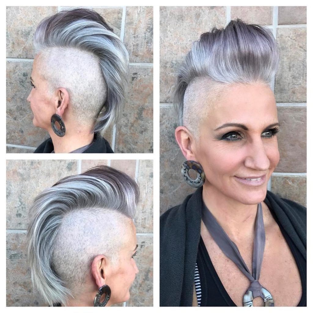 Silver and Grey Faux Hawk Pixie Cut with Pompadour and Shaved Sides