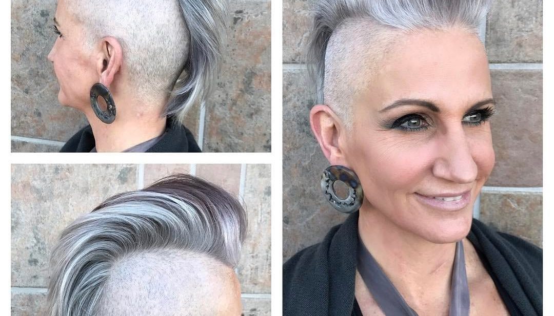 Silver and Grey Faux Hawk Pixie Cut with Pompadour and Shaved Sides